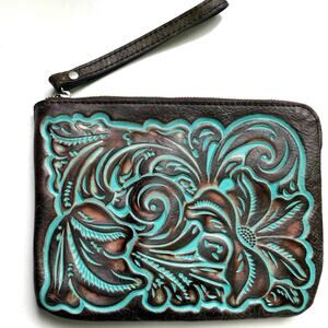 Patricia Nash Tooled Leather Wristlet Brown & Teal | Boho Western Clutch | NWOT